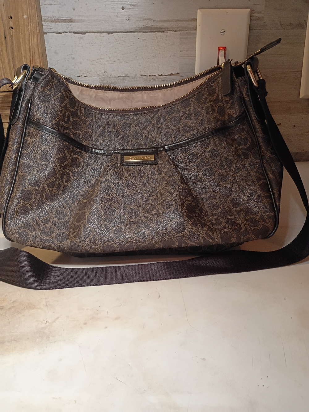 Calvin Klein Brown Monogram Shoulder Hobo Bag